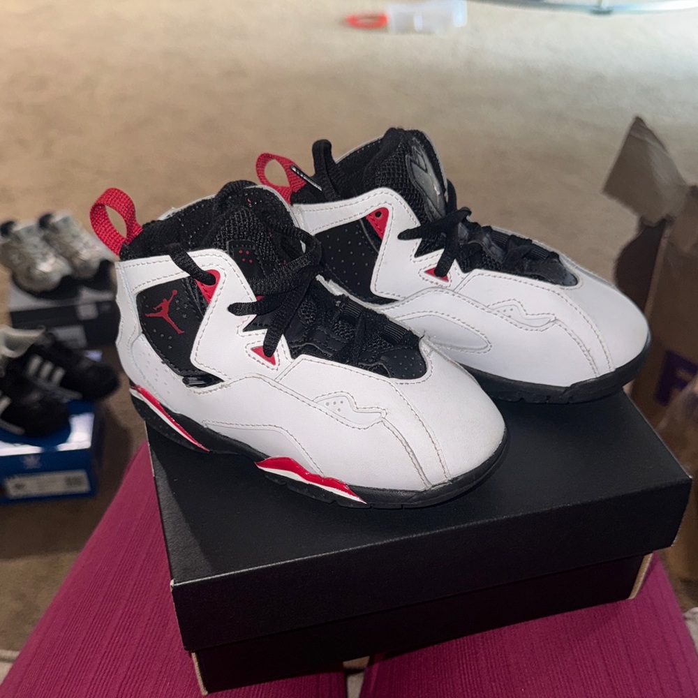 True flight Jordan Kids Sneakers - Black, White, Red Accents